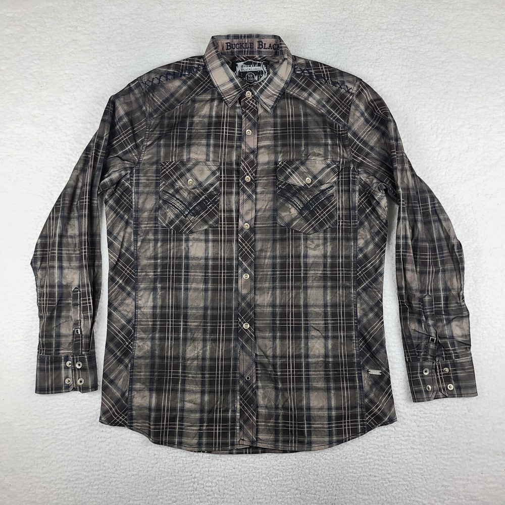 Buckle Black Shirt Mens Large Brown Black Plaid Slim Fit Dress Button Down *